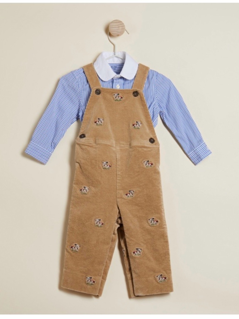 Ralph Lauren Tan Corduroy Overalls with Embroidered Puppy Motifs